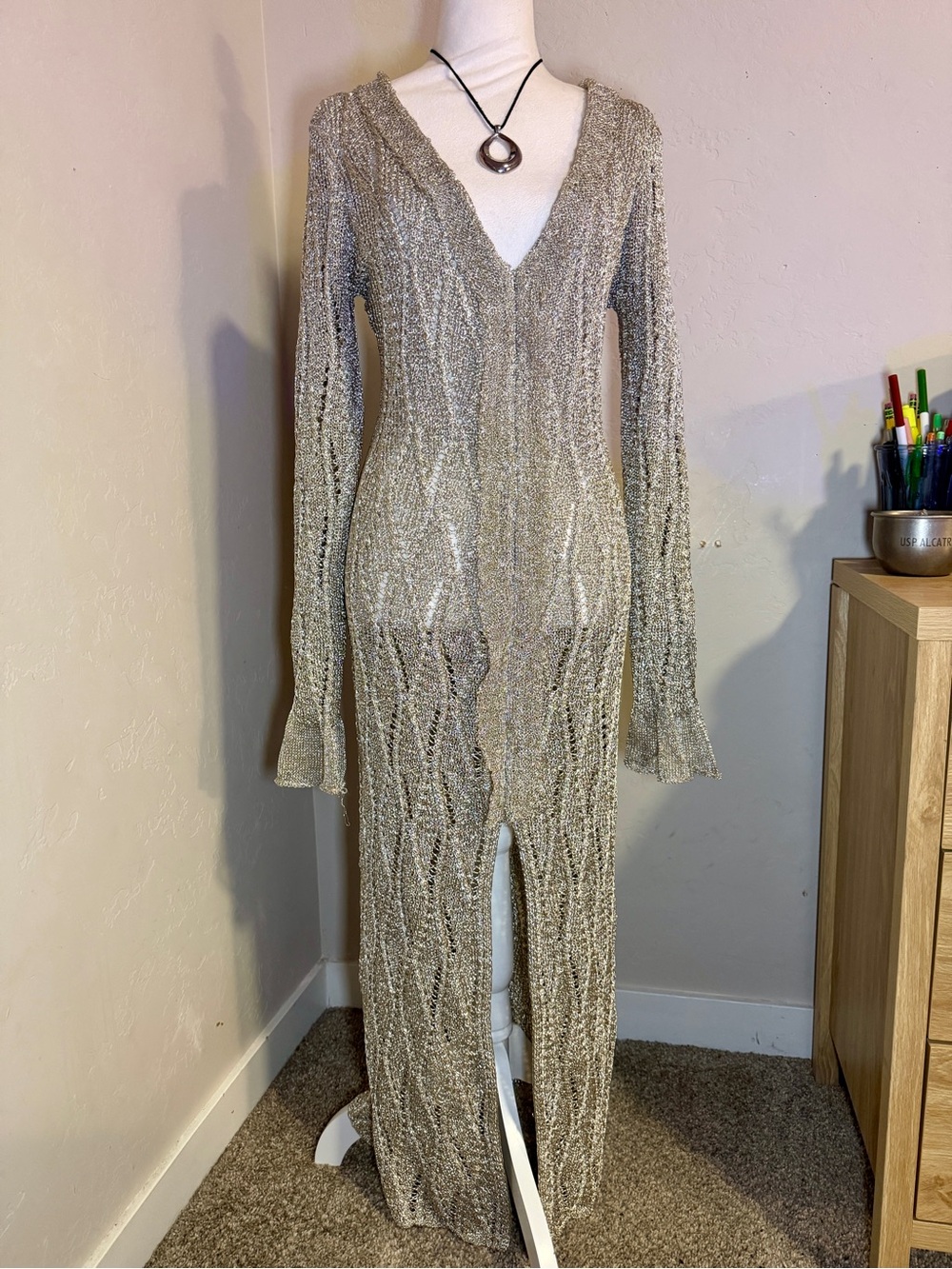 NWT NASTY GAL NORDSTROM Metallic Silver Knit V-Neck Long Sleeve Maxi Dress